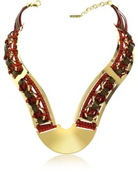 Pluma Brass Woven Leather Necklace In Gold Burgundy And Brown