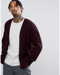 ASOS DESIGN Heavyweight Cable Knit Cardigan In Burgundy