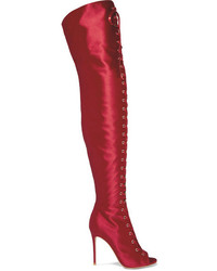 Gianvito Rossi Lace Up Satin Over The Knee Boots Claret