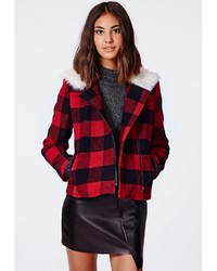 Missguided Millicent Lumberjack Shearling Collar Biker Jacket Red Check