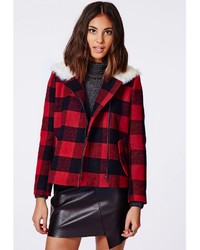 Missguided Millicent Lumberjack Shearling Collar Biker Jacket Red Check