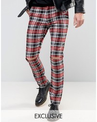 Reclaimed Vintage Inspired Skinny Plaid Pants With Knee Rips