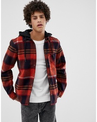 Pull&Bear Check Overshirt With Hood In Red