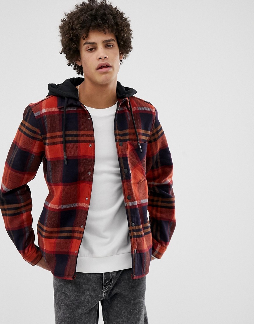 Pull&Bear Check Overshirt With Hood In Red, $27 | Asos | Lookastic