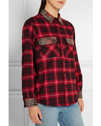 Gucci Embellished Plaid Cotton Flannel Shirt Red