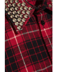 Gucci Embellished Plaid Cotton Flannel Shirt Red