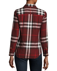Burberry Long Sleeve Button Front Check Flannel Shirt Red
