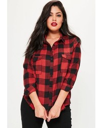 Missguided Plus Size Red Frayed Hem Checked Shirt