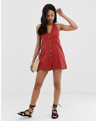 ASOS DESIGN Halter Playsuit With Button Detail In Self Stripe