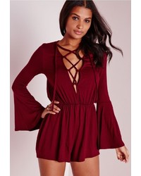 Missguided Bell Sleeve Tie Front Romper Burgundy