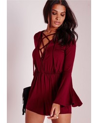 Missguided Bell Sleeve Tie Front Romper Burgundy