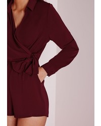 Missguided Wrap Front Shirt Romper Burgundy