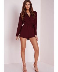 Missguided Wrap Front Shirt Romper Burgundy