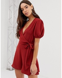 ASOS DESIGN Wrap Playsuit With Puff Sleeve