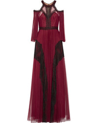 Marchesa Notte Cold Shoulder Lace Paneled Pleated Tulle Gown Burgundy
