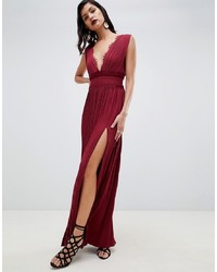 Burgundy Pleated Lace Evening Dress