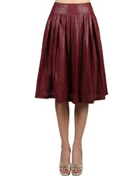 Burgundy Pleated Leather Midi Skirt