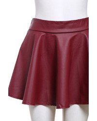 Pleated Elastic Waist Wine Red Pu Skirt