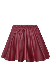 Pleated Elastic Waist Wine Red Pu Skirt