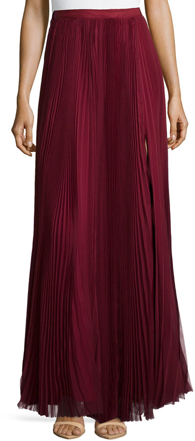 Solid Color Taffeta Silk Box Pleated Skirt in Maroon : BNJ635