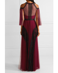 Marchesa Notte Cold Shoulder Lace Paneled Pleated Tulle Gown Burgundy