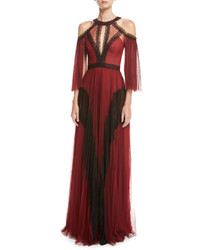Marchesa Notte Cold Shoulder Pleated Tulle Gown