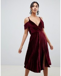 Burgundy Pleated Velvet Cami Dress
