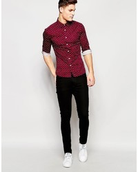 Asos Brand Skinny Polka Dot Shirt In Burgundy With Long Sleeves