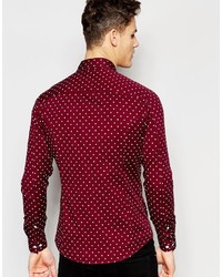 Asos Brand Skinny Polka Dot Shirt In Burgundy With Long Sleeves