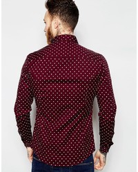 Asos Brand Skinny Shirt With Polka Dot In Burgundy With Long Sleeves
