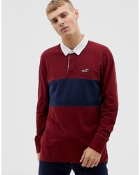 Hollister Icon Logo Long Sleeve Rugby Polo In Burgundynavy