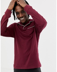 ASOS DESIGN Long Sleeve Revere Polo Shirt With Pocket And Tipping In Burgundy