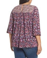 Lucky Brand Plus Size Smocked Mix Print Top