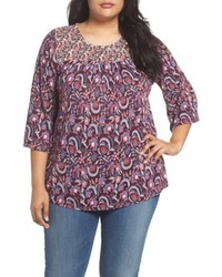 Lucky Brand Plus Size Smocked Mix Print Top