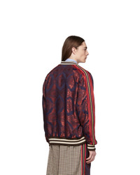 Gucci Red And Navy Baroque Jacquard Bomber Jacket