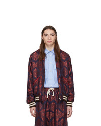 Gucci Red And Navy Baroque Jacquard Bomber Jacket