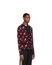 Gucci Red And Navy Jacquard Equestrian Cardigan