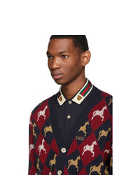 Gucci Red And Navy Jacquard Equestrian Cardigan