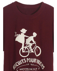 Romwe Bicycle Print Burgundy T Shirt