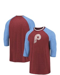 FANATICS Branded Garnet Philadelphia Phillies Cooperstown Collection True Classics Logo Raglan Tri Blend 34 Sleeve T Shirt