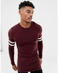 ASOS DESIGN Muscle Fit Longline Long Sleeve T Shirt With Contrast Sleeve Stripe In Burgundy