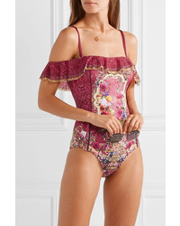 Camilla Off The Shoulder Ruffled Embellished Printed Swimsuit