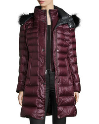 Andrew Marc Channel Quilted Coat W Fur Trim Hood