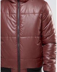Asos Quilted Bomber Jacket With Hood In Burgundy