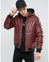 Asos Quilted Bomber Jacket With Hood In Burgundy