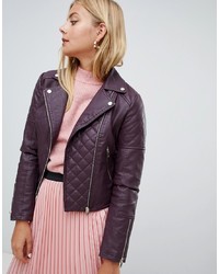 Miss Selfridge Quilted Faux Leather Biker Jacket In Burgundy