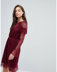 Burgundy Ruffle Lace Fit and Flare Dress