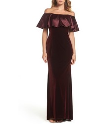 Adrianna Papell Ruffle Off The Shoulder Velvet Gown
