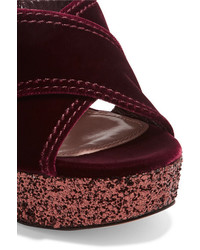 Miu Miu Glittered Velvet Platform Sandals Burgundy