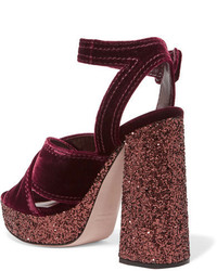 Miu Miu Glittered Velvet Platform Sandals Burgundy